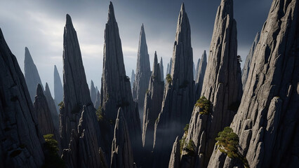 Dramatic landscape of towering rock formations, creating mysterious atmosphere with natural lighting and rugged textures, high contrast