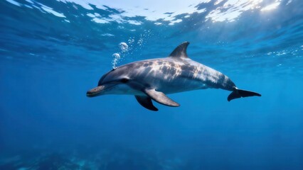Fototapeta premium Wild spotted dolphin swimming horizontally underwater, releasing a stream of bubbles near the surface beneath sunlit deep blue ocean water.