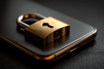 Closeup view of a locked smartphone secured with a digital padlock on a dark background, emphasizing the importance of mobile security