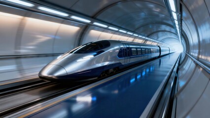 Obraz premium Futuristic silver and blue high speed train speeding rapidly through a modern, glowing white arched transportation tunnel.