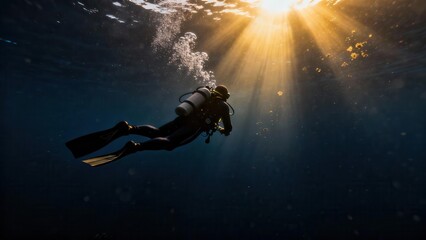 Silhouette scuba diver wearing a black wetsuit and white oxygen tank swimming deep in dark blue water under dramatic bright sun rays.