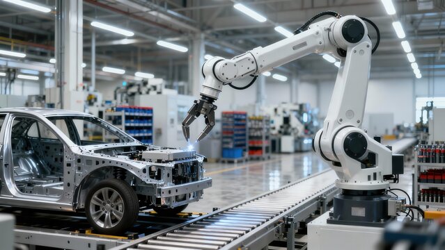 White modern industrial robotic arm assembling the unpainted metal chassis of a passenger car body on a high technology factory production line.