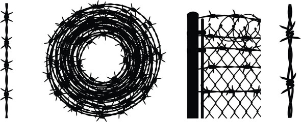 Set of 4 Barbed Wire segments silhouette straight wire coil fence wire and razor wire sections