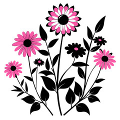 silhouette of black eyed susans pink on white background