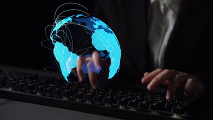 Global network connection visualization showing data exchange, digital link, worldwide communication. Global data flow and digital network infrastructure connecting regions around the world. Thunk