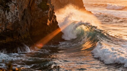 Golden hour sunlight illuminates powerful ocean wave cresting near rugged coastal cliffs, creating dramatic sea spray.