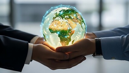 Hands holding a glowing globe representing global unity and cooperation in a modern setting