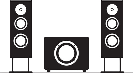 Black and white illustration of multiple speakers and a subwoofer on stands