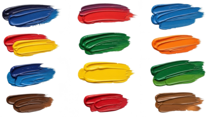 A colorful array of paint swatches on transparent background for artistic and design use