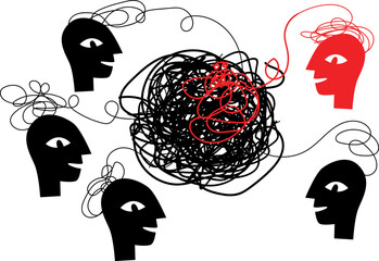 Mental clarity and breakthrough concept illustration with chaotic thoughts disconnecting from human head. Hand drawn line art symbol of awareness, inner freedom and release from mental burden.