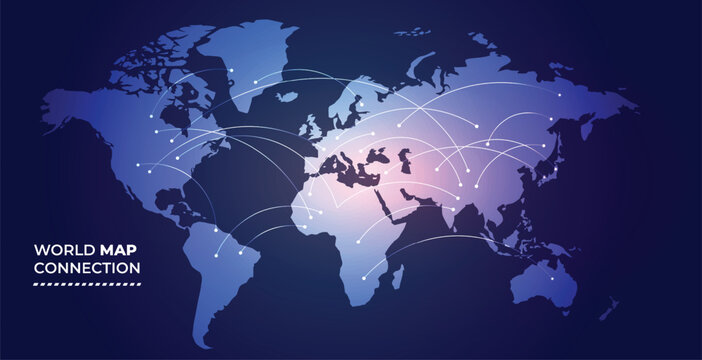 Digital world map displaying global network connections, symbolizing international communication, data exchange, and modern technological infrastructure spanning continents