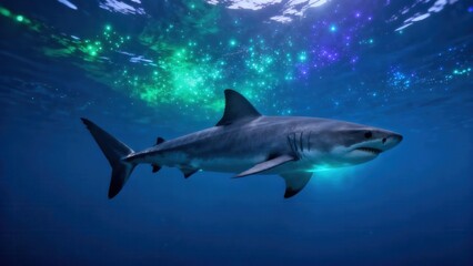 Powerful great white shark swims through deep blue water illuminated by glowing green and purple celestial light simulation.