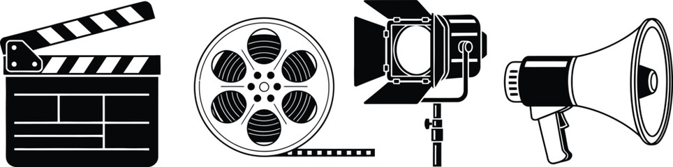 Flat vector set of 4 Video Production tools clapperboard film reel studio light and directors megaphone