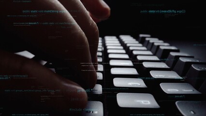 A close-up image showcasing fingers actively typing on a sleek keyboard with floating code elements in the background, highlighting the digital workspace and programming activity. Xenic