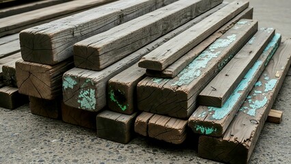 Weathered reclaimed wooden beams with chipped turquoise paint. Generative AI. 