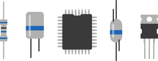 Flat style illustration of 5 Electronic Components resistor capacitor microchip diode and transistor