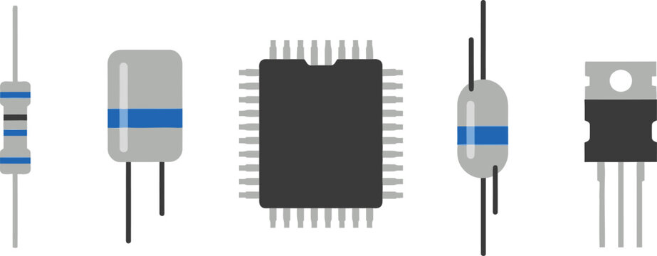 Flat style illustration of 5 Electronic Components resistor capacitor microchip diode and transistor