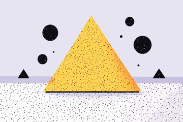 A vibrant yellow triangle, speckled with texture, dominates the image, surrounded by abstract black shapes and a textured white and purple background, creating a modern, graphic design.