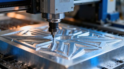 Precision CNC router carving intricate geometric star pattern into shiny metal workpiece in an automated industrial factory setting.