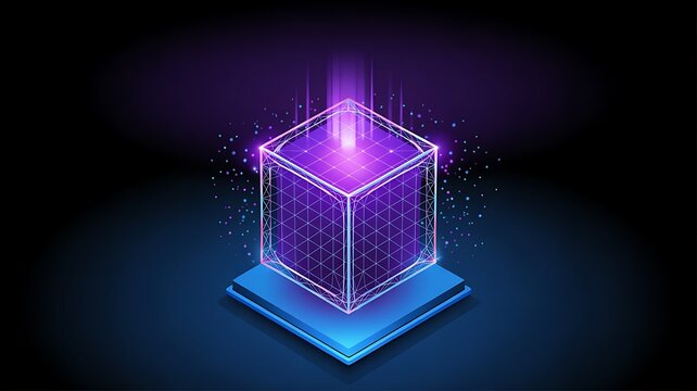 Glowing Purple Digital Cube - Data, Technology, and Metaverse Concept - Powered by Adobe