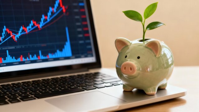 Ceramic pale green piggy bank sprout sitting on silver laptop displaying financial market growth charts. - Powered by Adobe
