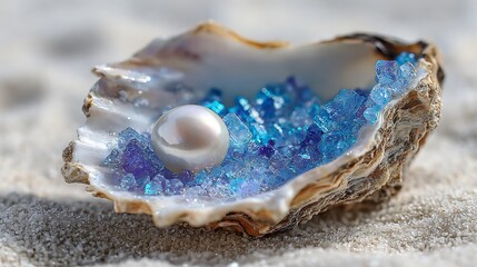 Close up shot of a shimmering pearl nestled inside an oyster shell with blue accents set on beach sand, concept for luxury jewelry advertising, investment opportunities and high.