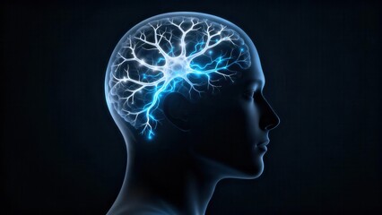 Conceptual digital illustration of a human head silhouette featuring a glowing blue neuron network representing electrical brain activity.