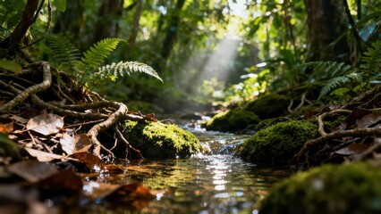 Tropical forest brook flowing over bright green mossy stones and roots, illuminated by sun rays piercing the dense dark jungle canopy.