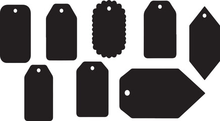 Collection of assorted blank black price tags on white background