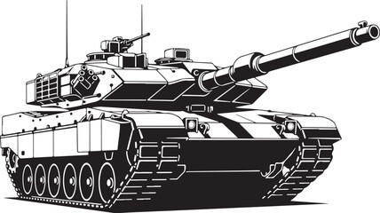 Detailed black and white illustration of a modern military tank with two guns and treads