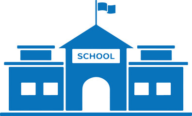 Blue school building with flags on white background, education symbol