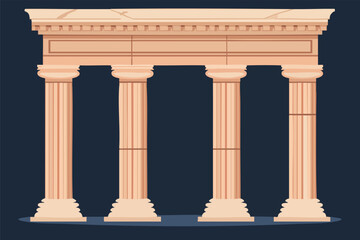 An illustrated depiction of a classical temple facade, featuring fluted columns and detailed architectural elements, set against a dark blue background, evoking history and design.