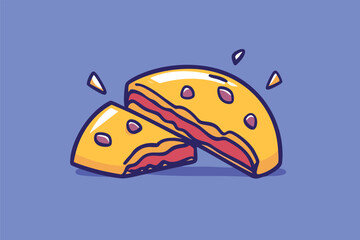 A vibrant cartoon illustration shows two halves of a delicious sandwich with cheese and meat, against a soft purple background, perfect for food-related designs.