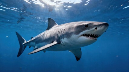 Fototapeta premium Powerful Great White Shark swimming beneath the ocean surface showing sharp teeth and illuminated by bright sunbeams.