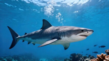 Fototapeta premium Large Great White Shark swimming horizontally through clear deep blue ocean water illuminated by bright sunlight beams and rising bubbles.