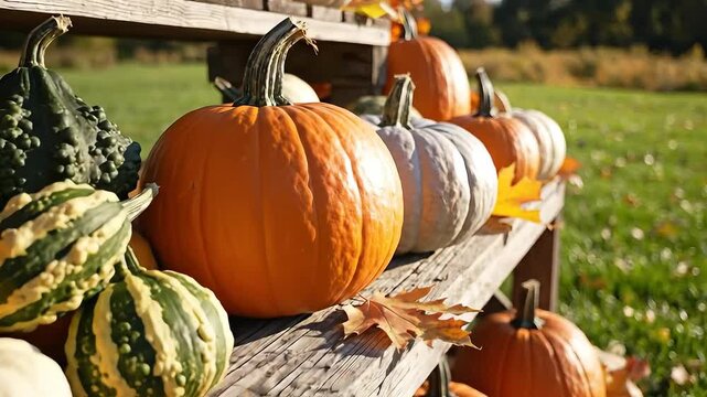 Vibrant Autumn Pumpkin Display on Wooden Shelves in a Sunny Outdoor Setting.