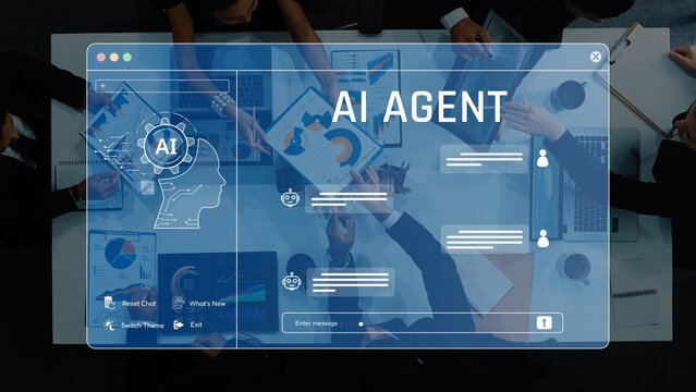 A dynamic business meeting featuring an AI agent interface, showcasing data visualization and collaboration among professionals at a modern conference table. Raster - Powered by Adobe