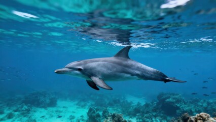 Fototapeta premium Bottlenose dolphin swimming peacefully below the water surface in clear turquoise tropical ocean near a vibrant coral reef structure.
