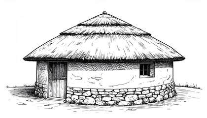 Traditional Round Hut Illustration - A Glimpse into Rural Architecture.