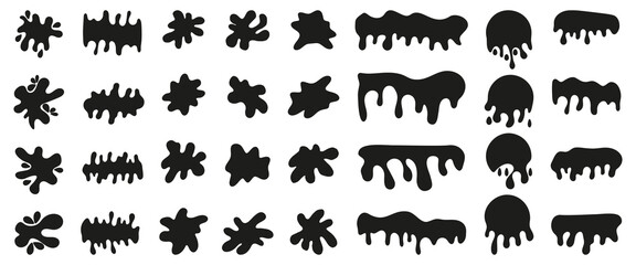 Black ink splash and paint blot shapes in organic dripping forms. Bold abstract silhouettes for grunge and creative design projects