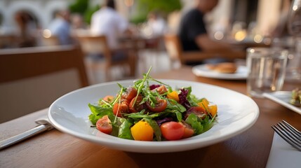 A vibrant fresh mixed greens salad with cherry tomatoes is beautifully presented on a white plate at an outdoor restaurant during sunset