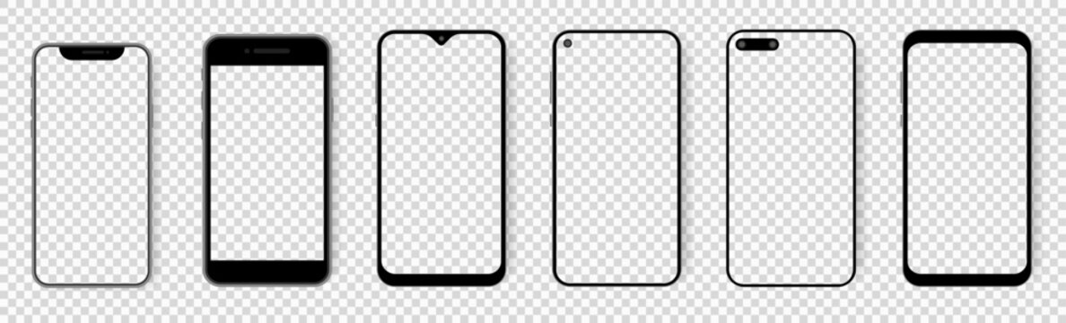Smartphone frame mockups with transparent screens and modern device shapes. Clean outline style for app presentation and UI showcase