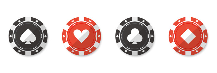 Poker chips set with card suit symbols. Casino gambling tokens for betting games and entertainment