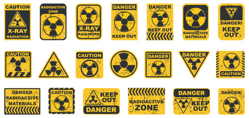 Radioactive warning signs set with hazard symbols. Industrial danger labels for radiation zones