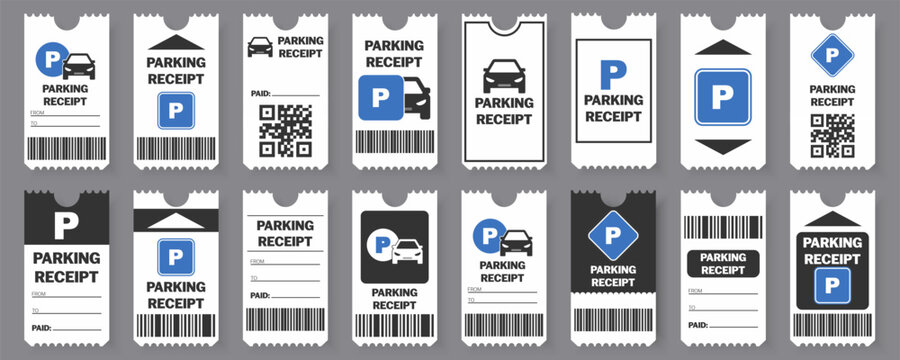 Parking receipt ticket templates with car icons and barcodes. Payment stubs for urban parking systems