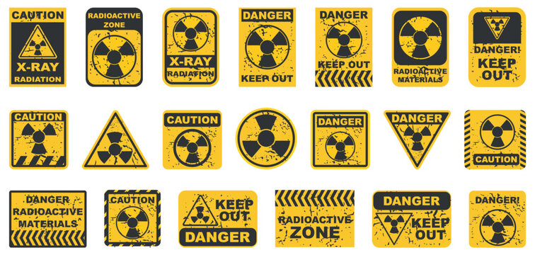 Radioactive warning signs set with hazard symbols. Industrial danger labels for radiation zones