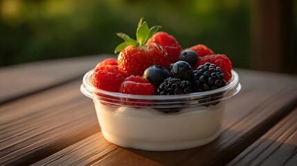 A clear plastic cup filled with yogurt and topped with fresh berries like strawberries raspberries blueberries and blackberries sits on a wooden