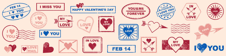 Valentine love stamps with hearts and romantic phrases. Vintage postal style labels for love messages and celebration