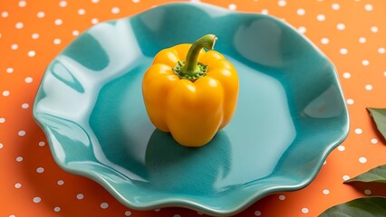 Vibrant yellow pepper on turquoise plate against orange background