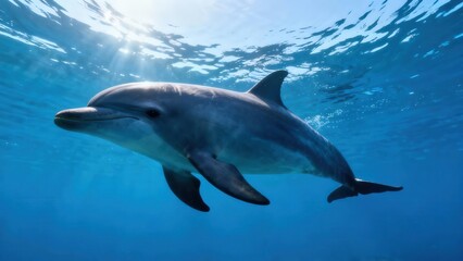 Fototapeta premium Majestic bottlenose dolphin swimming gracefully underwater in deep blue tropical sea illuminated by bright sunbeams.